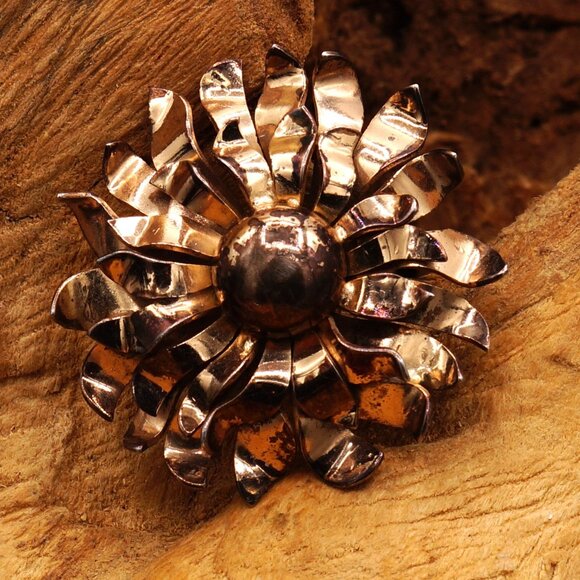 1940s Vintage Napier Sterling Flower Brooch Gold Vermeil Brutalist Style - Picture 2 of 8